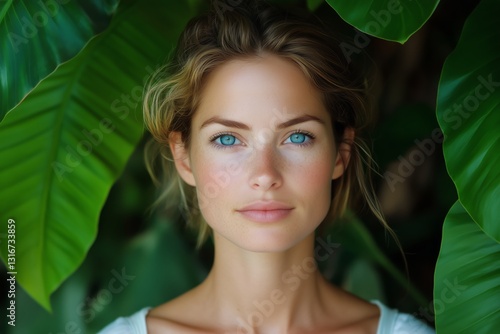 Beautiful Young Woman With Striking Blue Eyes Surrounded by Lush Green Leaves...