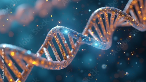 Tableau sur toile Close-Up of Glittery DNA Strand with Bright Glowing Particles on Blue Background