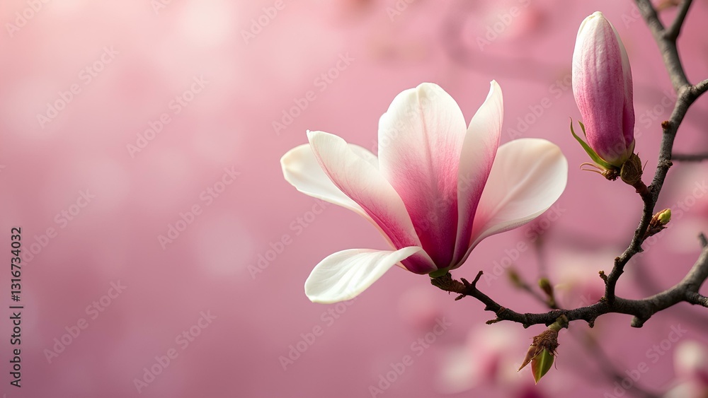 Obraz premium Elegant Pink and White Magnolia Flowers Blossoming Against a Vibrant Blurred Background