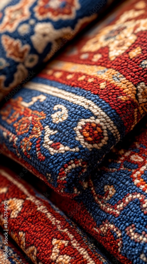 Folded textured rugs with red, blue, and brown patterns in a close-up view Folded textured rugs with red, blue, and brown patterns in a close-up view