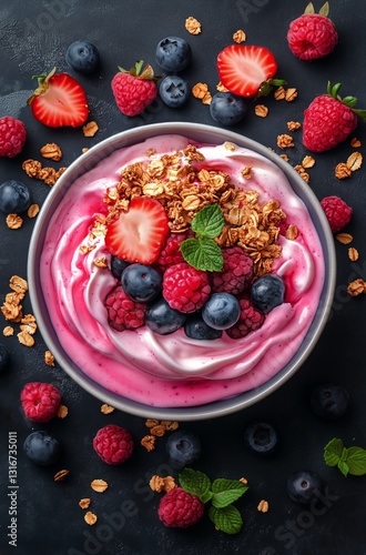 Delicious Yogurt Bowl Topped With Fresh Berries and Granola Served on a Dark ...