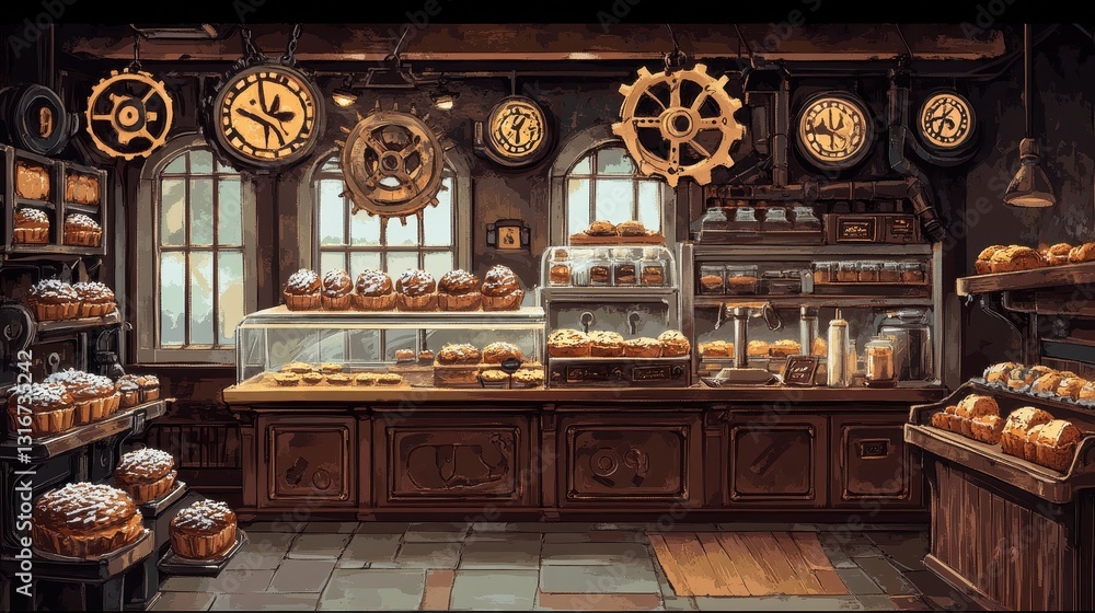 Fototapeta premium A vintage bakery displays baked goods with antique clockwork adornments