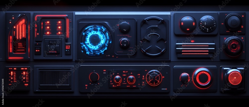 Futuristic control panel with glowing indicators and dials on a dark background Futuristic control panel with glowing indicators and dials on a dark background
