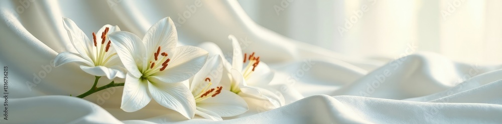 Fototapeta premium Softly lit white lilies on a luxurious silk drapery, white, luxury, silk
