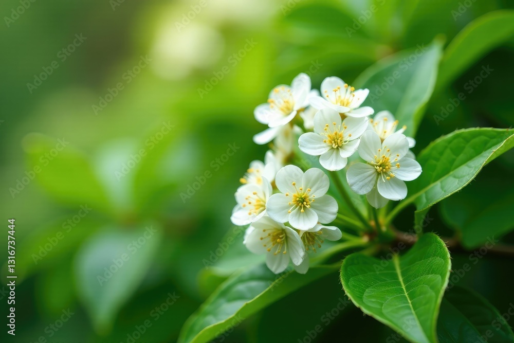 White flower clusters on Edgeworthia chrysantha branches, greenery, flowering shrub, foliage White flower clusters on Edgeworthia chrysantha branches, greenery, flowering shrub, foliage