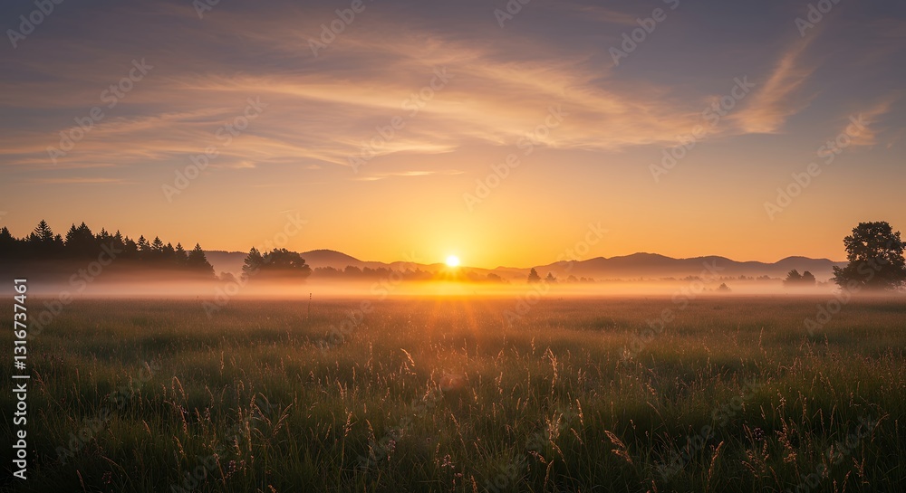 Sunrise Over Foggy Meadow with Grass and Trees in Rural Landscape Sunrise Over Foggy Meadow with Grass and Trees in Rural Landscape