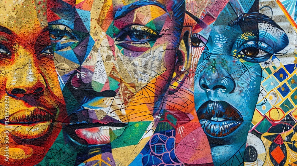 Obraz premium A vibrant and colorful graffiti art mural featuring multiple faces.