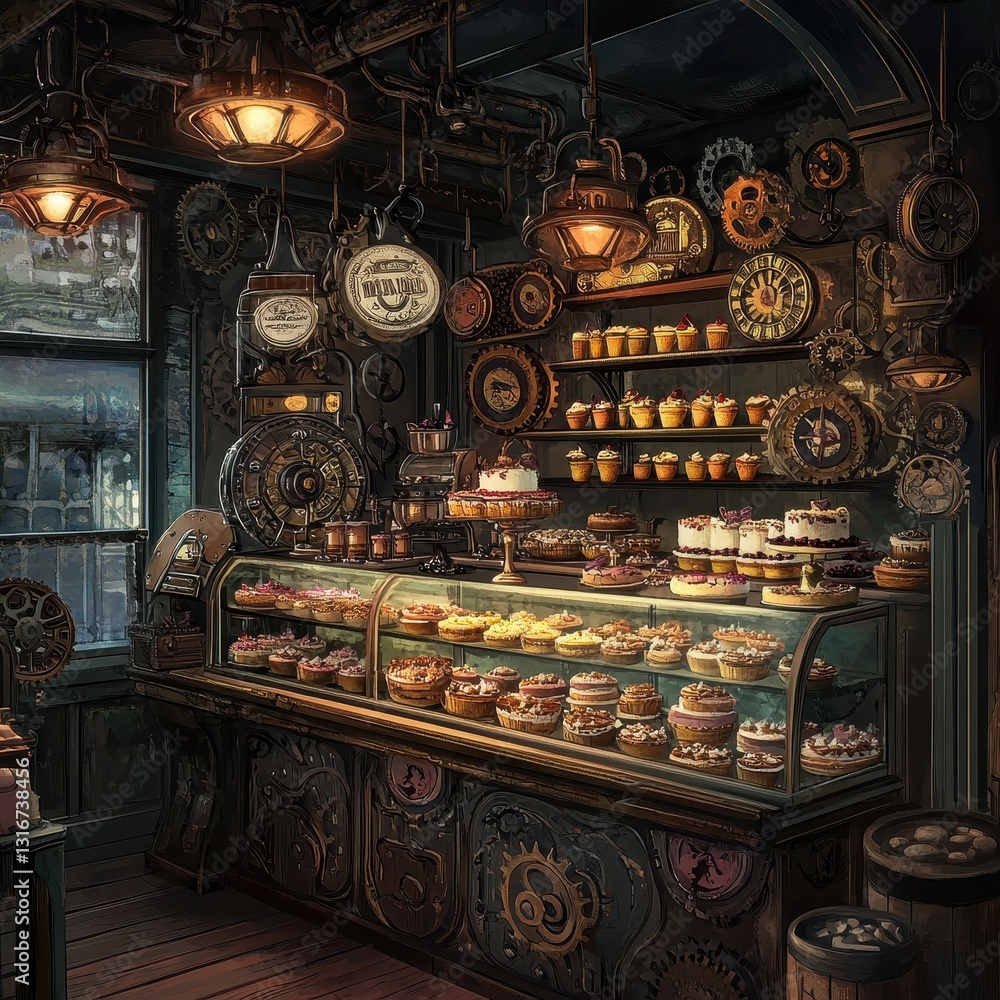 Obraz premium An ornate bakery displays many cakes and pastries artfully arranged