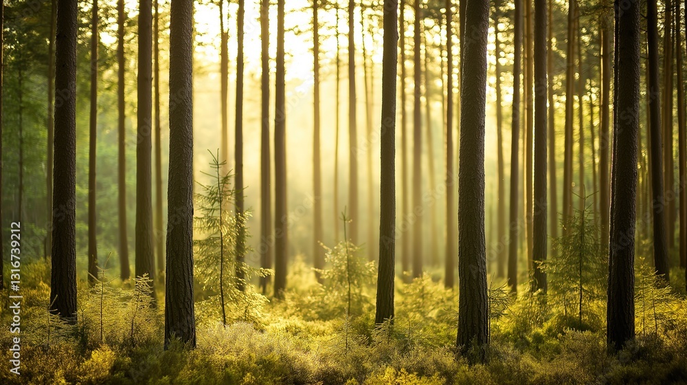 Obraz premium Sunlight filters through tall trees in a serene forest, evoking tranquility and natural harmony