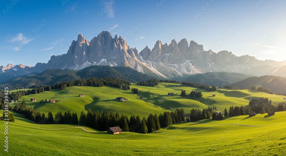 Fototapeta premium Scenic Mountain Landscape with Green Fields and Small Huts in Valley