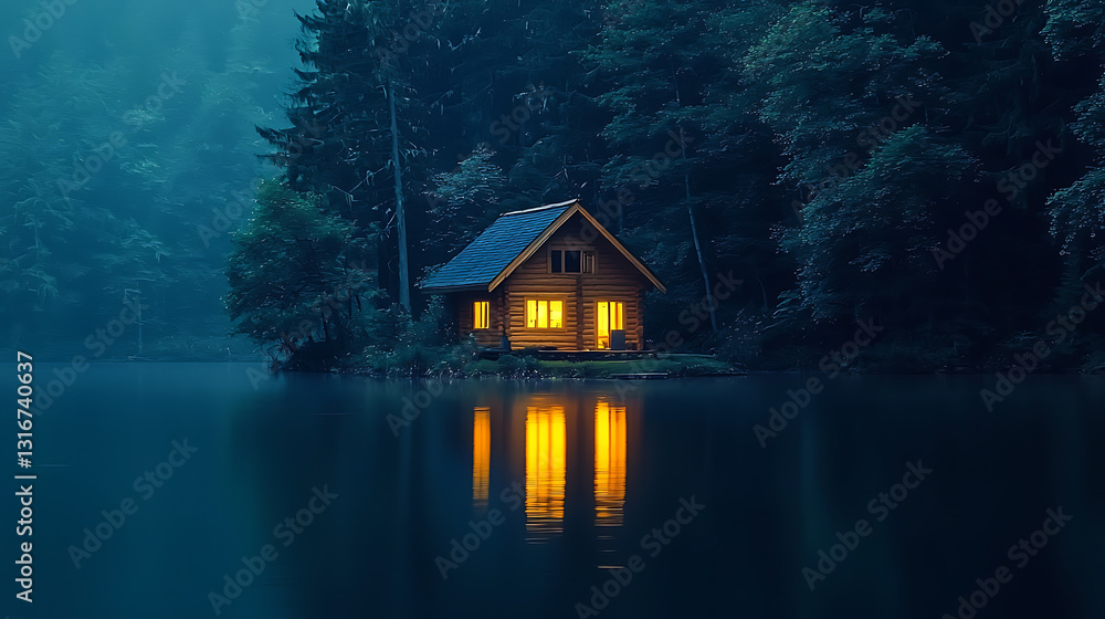 Fototapeta premium A cozy cabin glows warmly on a misty island reflected in the still dark waters surrounding it amidst a dense forest.