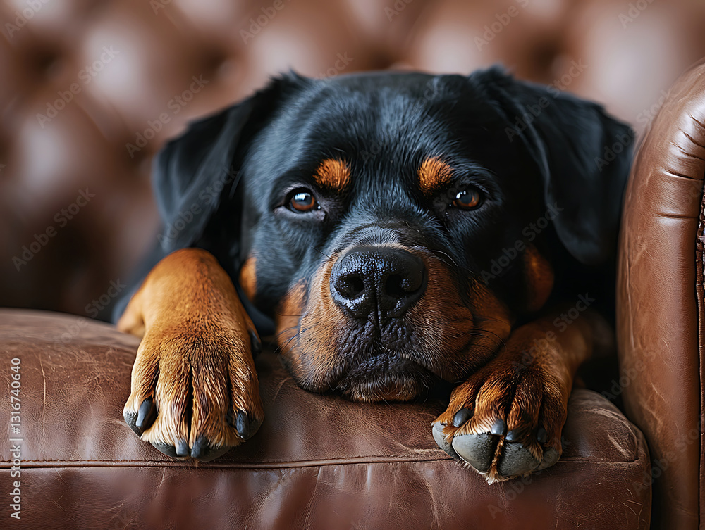 Fototapeta premium A relaxed short-haired black and tan dog rests its head on a brown leather armchair with a calm expression.