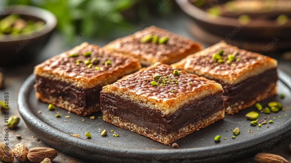 Beautifully arranged on a textured grey table, this delicious Dubai chocolate is flavored with pistachios and knafeh. Close-up view Beautifully arranged on a textured grey table, this delicious Dubai chocolate is flavored with pistachios and knafeh. Close-up view