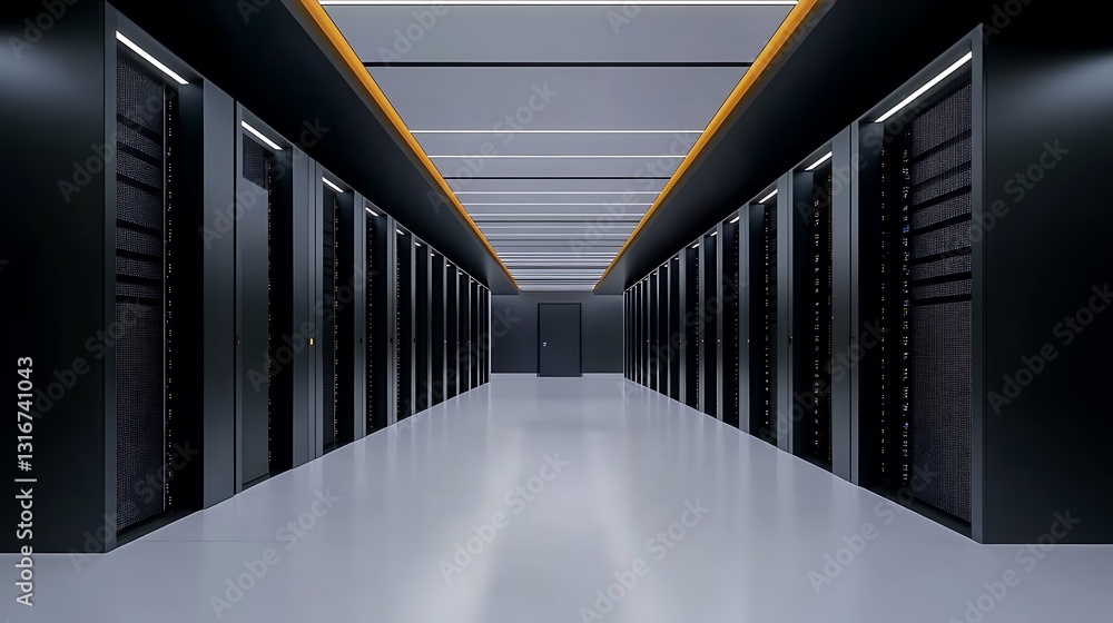 Fototapeta premium Modern Data Center Corridor: A 3D Render of a Sleek Server Room AI Generated