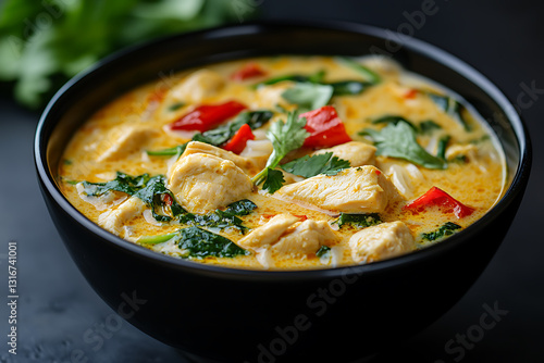 Creamy chicken curry with spinach and red peppers in a black bowl garnished with fresh coriander.