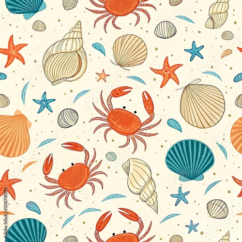 Seamless summer beach pattern with crabs shells starfish and sand blue ocean coast shore beige design photo