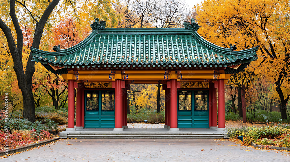 Ornate Chinese pavilion with a green roof and red columns surrounded by autumn foliage. Ornate Chinese pavilion with a green roof and red columns surrounded by autumn foliage.