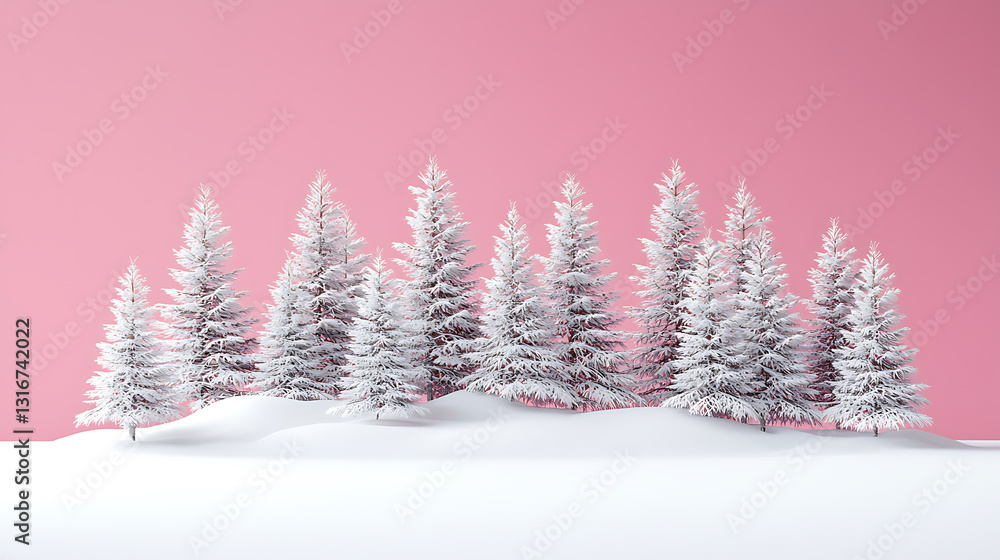 Obraz premium Snow-covered fir trees stand on a hill against a solid pink background creating a minimalist winter scene.