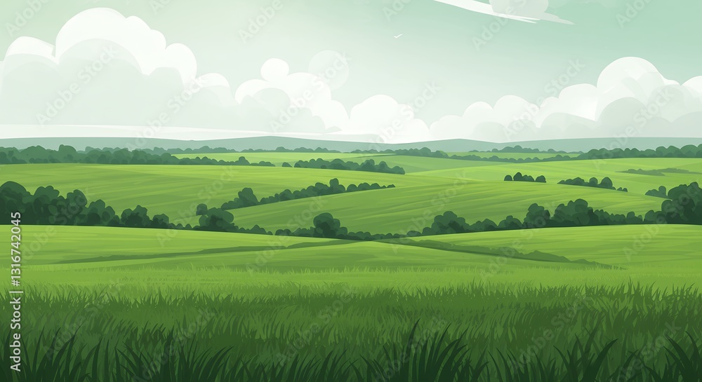Green Field Landscape with Grass and Rolling Hills Under Cloudy Sky Green Field Landscape with Grass and Rolling Hills Under Cloudy Sky