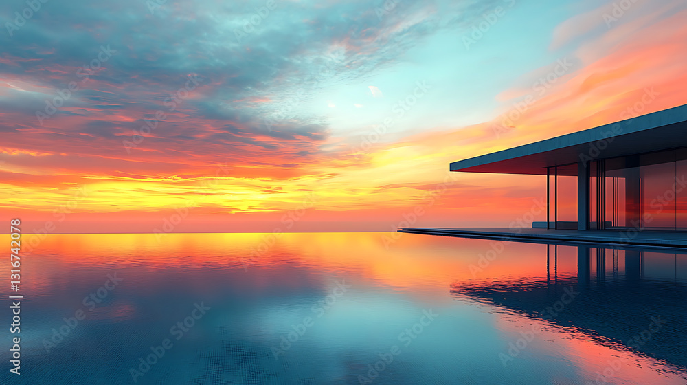 Fototapeta premium Sunset reflected in infinity pool beside modern building overlooking the ocean Vibrant orange and blue sky.