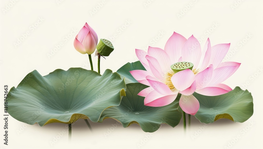 Fototapeta premium Pink lotus blossoms on leaves, studio shot