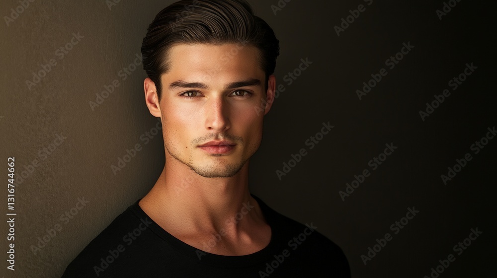 Naklejka premium Portrait of a man with sleek straight hair in a dramatic lighting