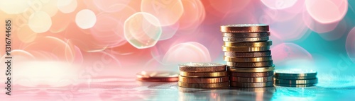 A vibrant, blurred background highlights a stack of coins representing finance, wealth, and investment opportunities.