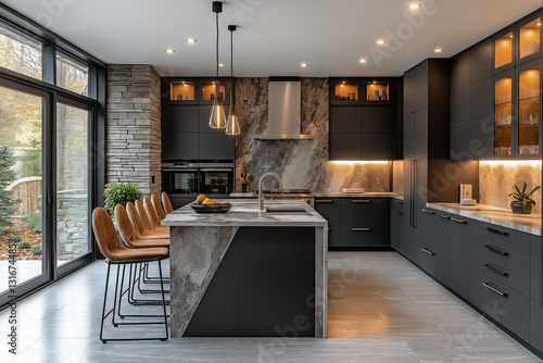 Photographie immobilière d'une cuisine contemporaine élégante avec armoires noir mat, comptoirs en marbre, grand îlot central et éclairage LED intégré pour un design moderne