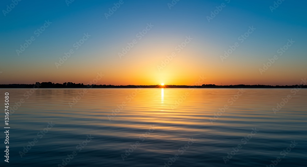 Golden Sunset Reflecting on Calm Water with Distant Shoreline View Golden Sunset Reflecting on Calm Water with Distant Shoreline View