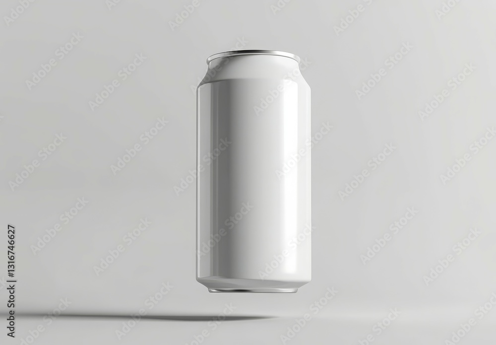 A floating, blank white can against a minimalistic background, suggesting a beverage container. A floating, blank white can against a minimalistic background, suggesting a beverage container.