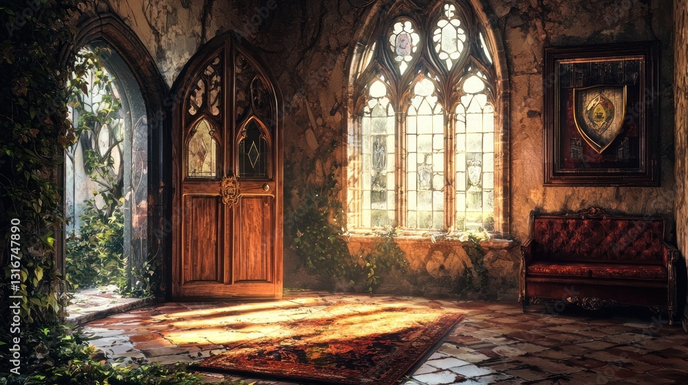 Obraz premium Sunlit Gothic Hallway: A Mystical Entrance