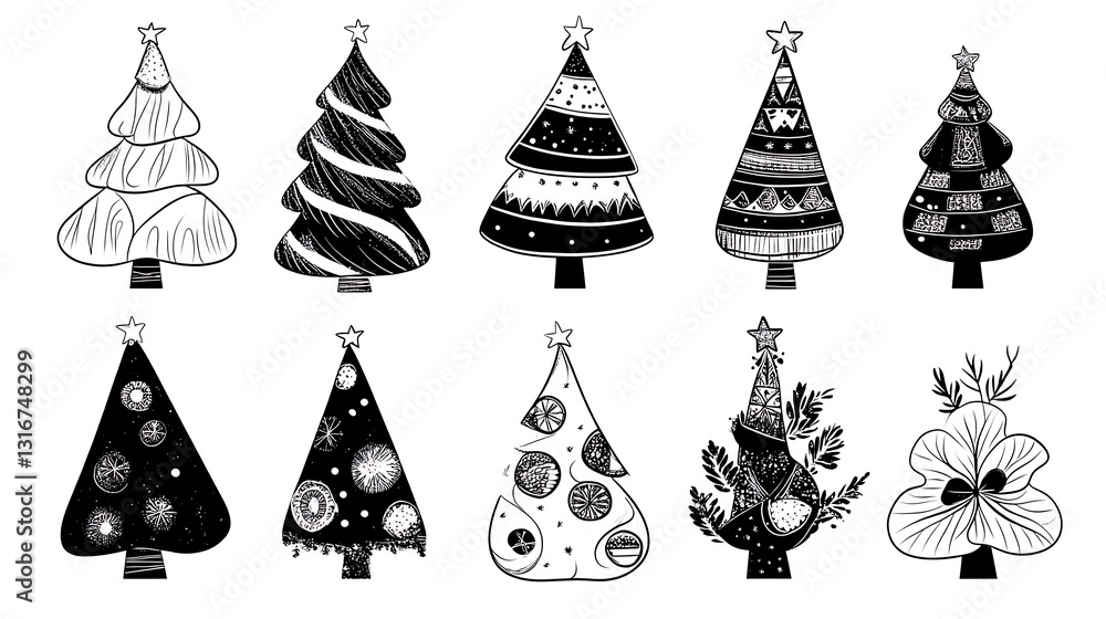 Hand-Drawn Christmas Tree Illustrations: Monochrome Festive Designs AI Generated Hand-Drawn Christmas Tree Illustrations: Monochrome Festive Designs AI Generated