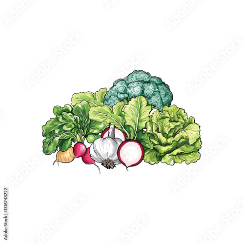 Beautiful watercolor vector featuring fresh vegetables like radish, garlic, lettuce, and broccoli. Perfect for organic food branding, farm markets, healthy eating designs, packaging, and digital artwo