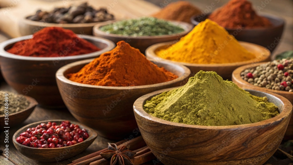 Vibrant array of colorful spices in rustic wooden bowls, a delightful culinary scene showcasing diverse flavors and aromas, perfect for cooking enthusiasts. Vibrant array of colorful spices in rustic wooden bowls, a delightful culinary scene showcasing diverse flavors and aromas, perfect for cooking enthusiasts.