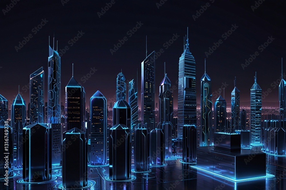 Fototapeta premium Futuristic Technology Network with Glowing Circuits and Towers V7