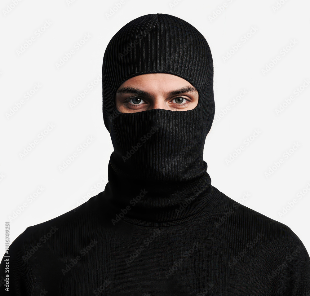 Criminal wearing balaclava and hiding identity on white background Criminal wearing balaclava and hiding identity on white background