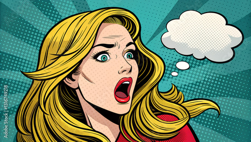 Woman in Pop Art Style with Thought Bubble, Shocked Expression, Retro Comic Book Illustration