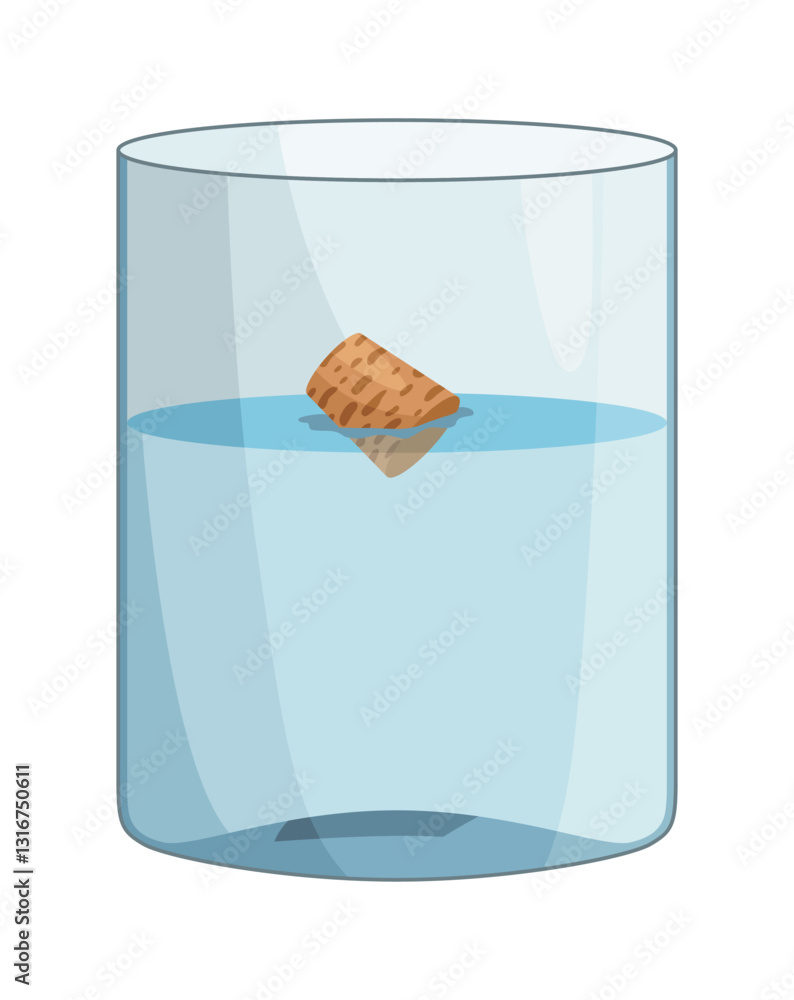 Archimedes principle. Experiment with water glasses, cork. Buoyant acting on the object that floats is equal to weight of the fluid that is displaced