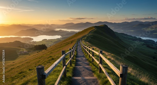 Hiking Trail on Mountain Ridge Overlooking Lakes at Golden Hour Sunset