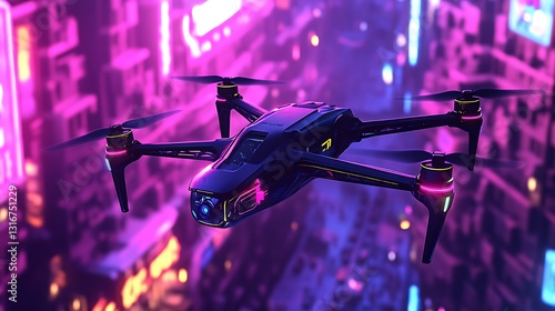 A futuristic drone flying over a neon-lit city, its metallic body reflecting a gradient from deep sapphire to 