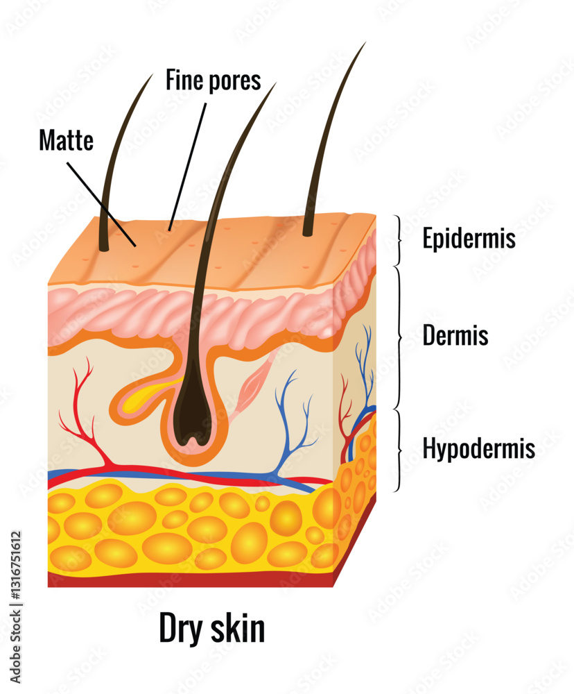 Dry skin anatomy. Human body skin vector illustration with parts vein artery hair sweat gland epidermis dermis and hypodermis. Human Cross-section of the skin layers structure