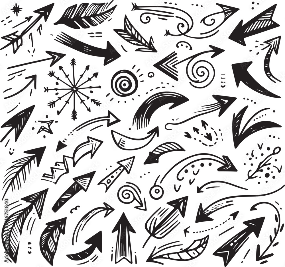 Fototapeta premium Hand-Drawn Vector Arrows Isolated Sketches on White Background