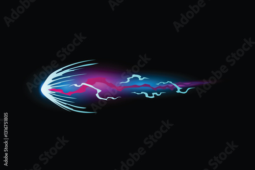 Speed effect cartoon vfx. Comic line blaster shot. Energy fire flame light. Neon color, asteroid flying rock. Flash lightning motion. Fantasy vector element