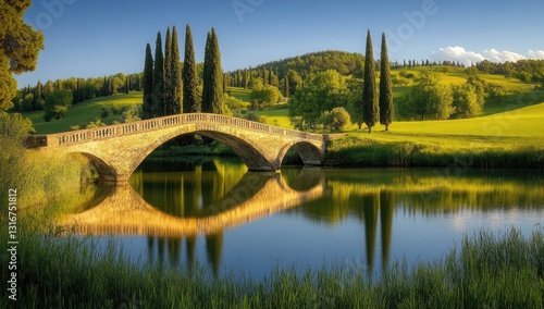 Serene stone bridge over glassy lake, cypress trees photo