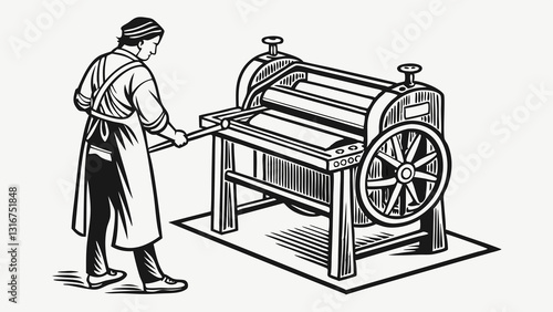 Vintage Printing Press with Worker Operating Industrial Machine in Engraving Style

