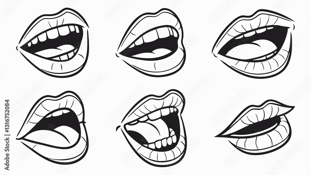 Black and White Vector Mouth Expressions with Open Lips and Teeth in Sketch Style Black and White Vector Mouth Expressions with Open Lips and Teeth in Sketch Style