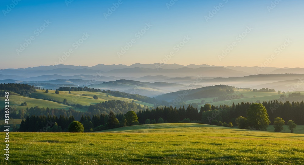 Obraz premium Idyllic Green Meadow Landscape with Distant Mountains and Hazy Valleys