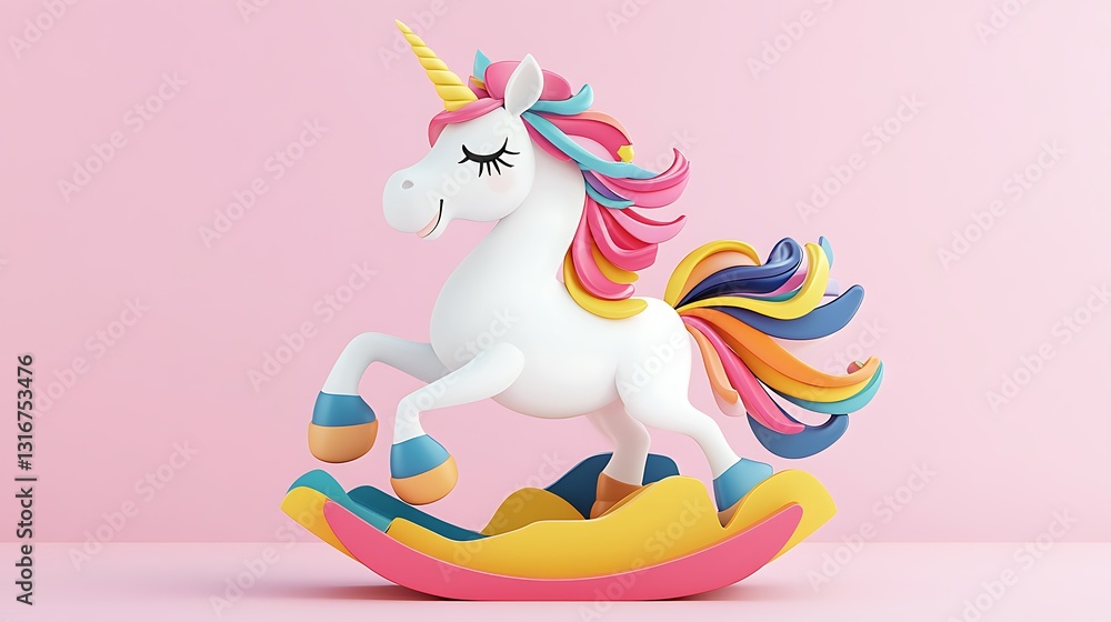 Rainbow Mane Unicorn Rocking Horse: 3D Render on Pink Background AI Generated Rainbow Mane Unicorn Rocking Horse: 3D Render on Pink Background AI Generated