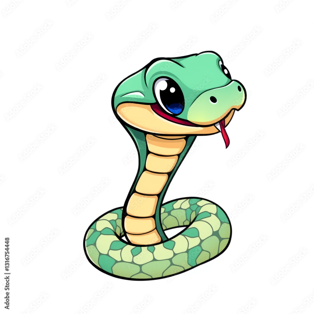 Fototapeta premium Cute Cartoon Cobra Illustration Green Snake Reptile Baby Animal Wildlife Cartoon Character Vector Graphic