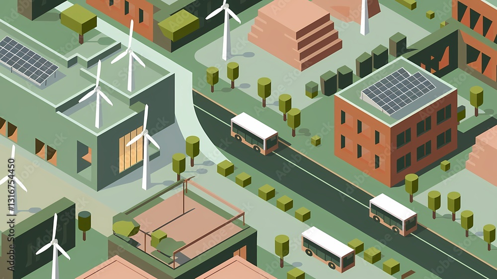 Minimalist 2D flat design of a futuristic eco-city with solar panels, wind turbines, and electric buses Minimalist 2D flat design of a futuristic eco-city with solar panels, wind turbines, and electric buses